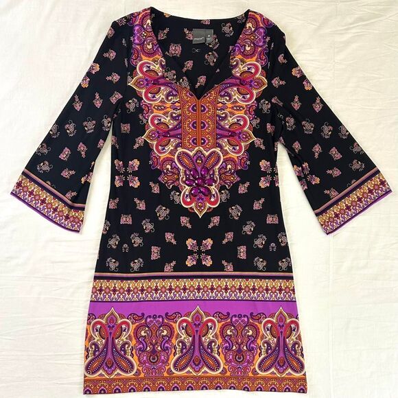 Muse Black Orange Purple Paisley Gemstone Mini Dress Flare Sleeve Boho Hippie 8 - Picture 1 of 5
